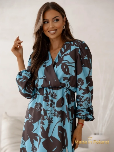 Rochie Afrodyta Blu Oceano – albastru midi, mâneci lungi, stil clasic