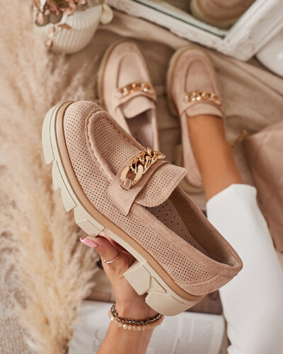 Mocasini din eco-suede cu decor auriu în maro deschis Zaffix- Footwear