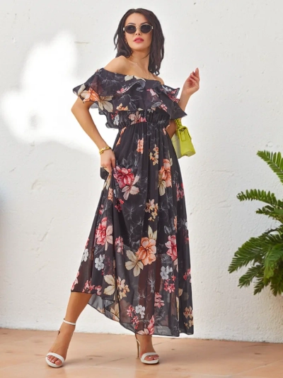 Rochie off-the-shoulder Royalfashion pentru femei, cu mâneci scurte, în diverse modele florale
