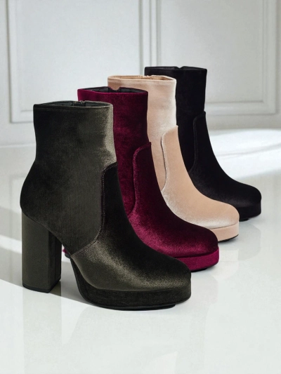 Botine de damă cu toc gros, tip velur Miss