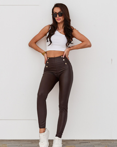 Royalfashion Pantaloni pentru femei maro închis cu nasturi aurii