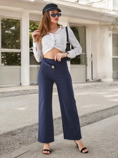 Pantaloni largi din bumbac pentru femei Royalfashion cu decoratiune asemănătoare unei curele