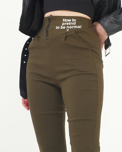 Treggings de damă din țesătură verde cu inscripții decorative - Îmbrăcăminte