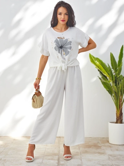 Royalfashion Set casual pentru femei cu bluză cu mânecă scurtă și pantaloni largi