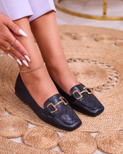 Royalfashion Mocasini matlasați negri pentru femei cu ornament auriu Wetifa