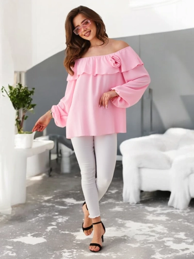 Royalfashion Bluza femei cu umerii goi, cu volane și flori