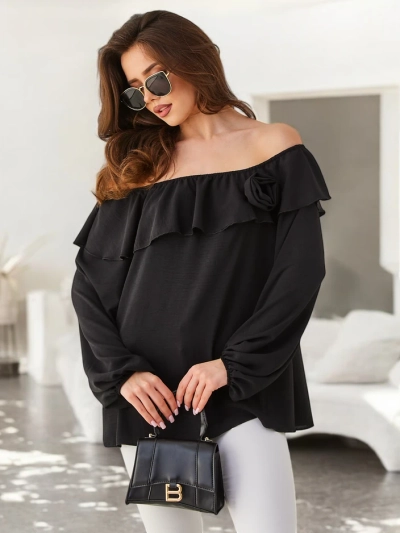 Royalfashion Bluză pentru femei cu umeri descoperiți, cu volan și floare