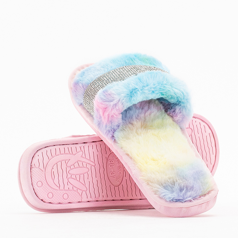 Papuci de dama multicolori din blana cu zirconiu cubic Tiko - Incaltaminte