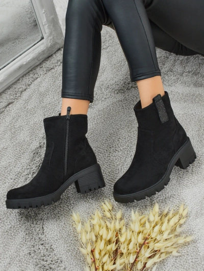 Botine de damă eco piele întoarsă cu toc gros Maelis