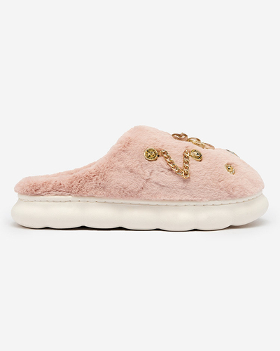 Royalfashion Papuci de blană pentru femei roz cu ornamente Erserra