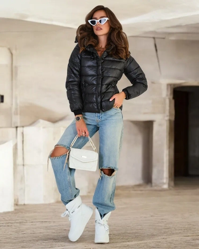 Royalfashion Jachetă matlasată neagră pentru femei cu glugă