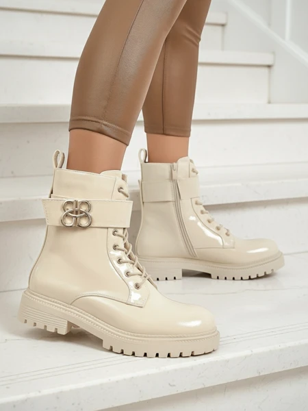 Beige Ariadne ankle boots made of ecological leather with a zipper, round toe stylish