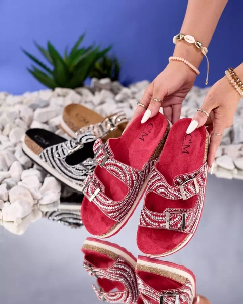 Papuci de damă cu zirconiu cubic în roșu Lalud-Shoes