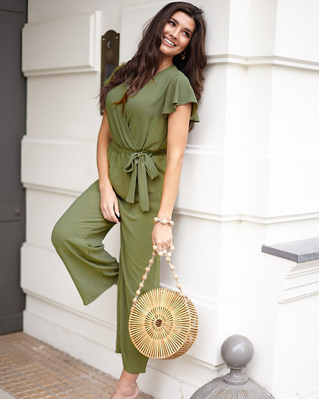 Salopetă lungă de damă cu cravată kaki - Îmbrăcăminte