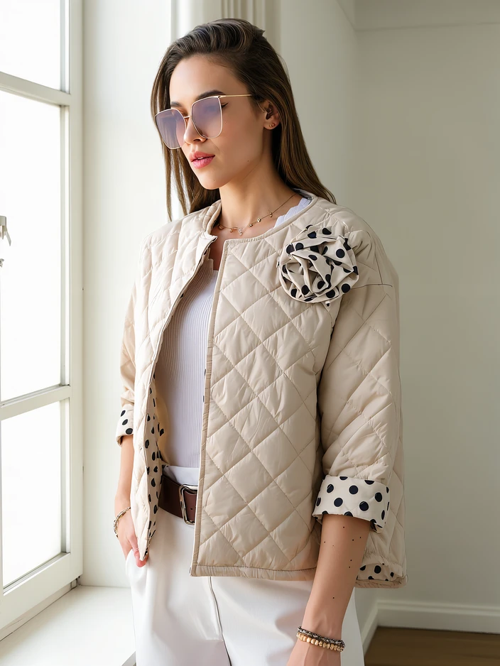 Jachetă de tranziție primăvară pentru femei Royalfashion cu căptușeală florală și cu buline