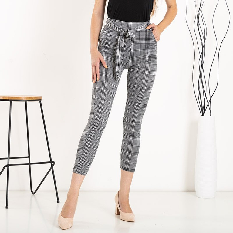 Pantaloni de piele de vară pentru femei, negri și albi, cu centură - Pantaloni