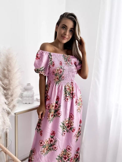 Rochie midi roz de damă cu model floral - Îmbrăcăminte