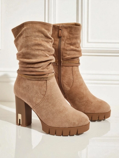 Botine de damă eco piele întoarsă cu toc gros BrambleDusk