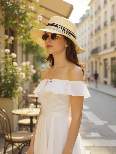 Royalfashion Pălărie de paie pentru femei Elegance Ribbon