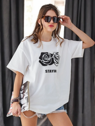 Royalfashion Tricou din bumbac pentru femei cu floare de trandafir