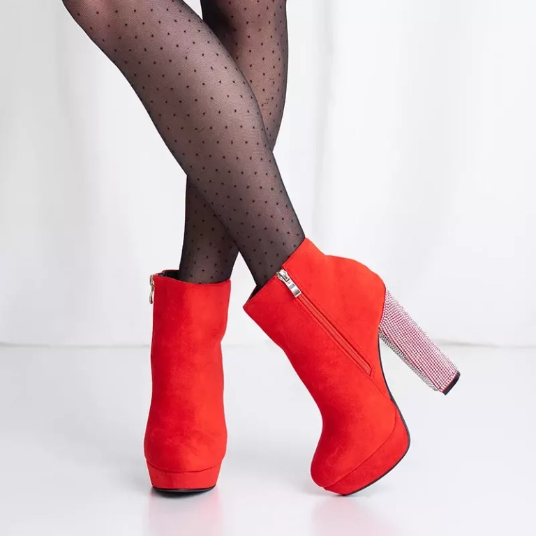 Botine de dama rosii cu toc inalt cu zirconii cubi Tatinka - Incaltaminte