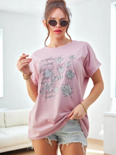 Tricou din bumbac pentru femei Royalfashion cu imprimeu cu frunze