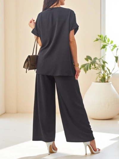 Set de bumbac Royalfashion pentru femei, cu mâneci scurte și pantaloni largi