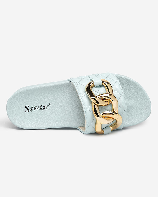 OUTLET Papuci de dama albastri matlasati cu lant auriu Eteris - Incaltaminte