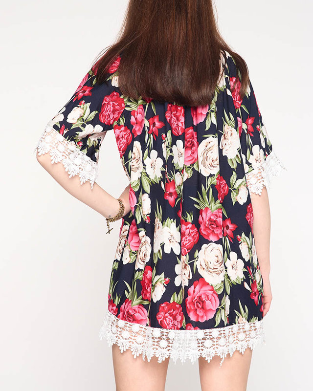 Bluză de damă bleumarin cu flori MĂRI PLUS - Îmbrăcăminte