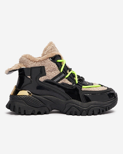 Pantofi sport de damă negri cu blană și șireturi galben neon Adbo- Footwear