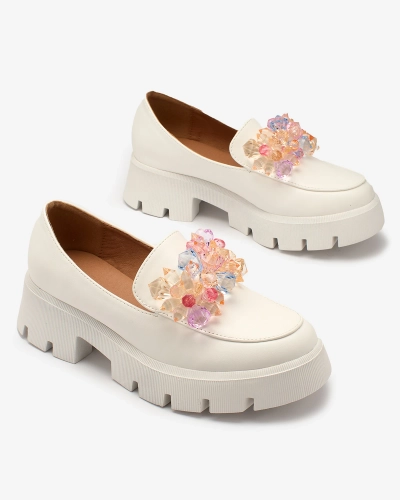 Royalfashion Mocasini albi pentru femei cu cristale colorate Crystal Glam