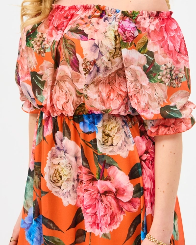 Rochie lungă pentru femei portocalie cu căptușeală florală - Îmbrăcăminte