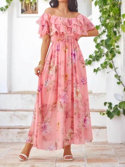 Rochie off-the-shoulder pentru femei cu mâneci scurte în flori asortate