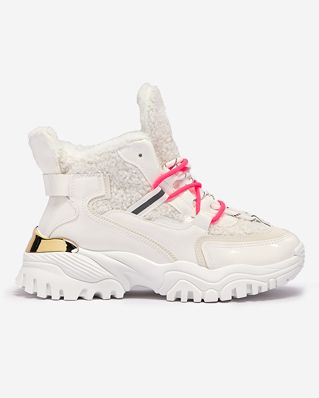 Pantofi sport de damă albi cu blană și șireturi roz neon Sagglo- Footwear