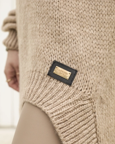 Royalfashion Pulover lung pentru femei maro deschis cu partea de jos asimetrică