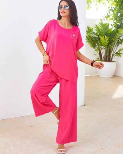 Royalfashion Set femei cu mâneci scurte, floare decorativă și pantaloni largi