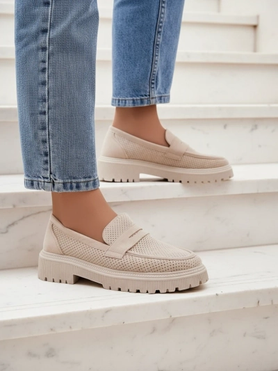 Loafers de damă Callista bej, piele ecologică, toc plat 4 cm