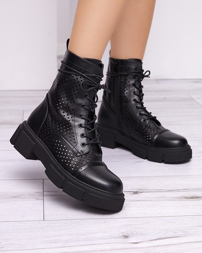 Botine de damă negre ajurate cu toc plat Rolika - Încălțăminte