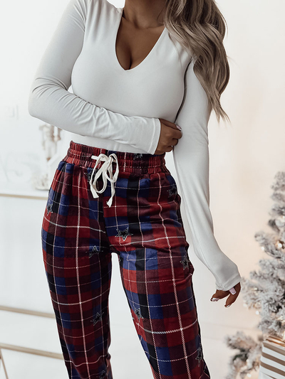 Royalfashion Pantaloni de damă din catifea în carouri, de culoare roșie