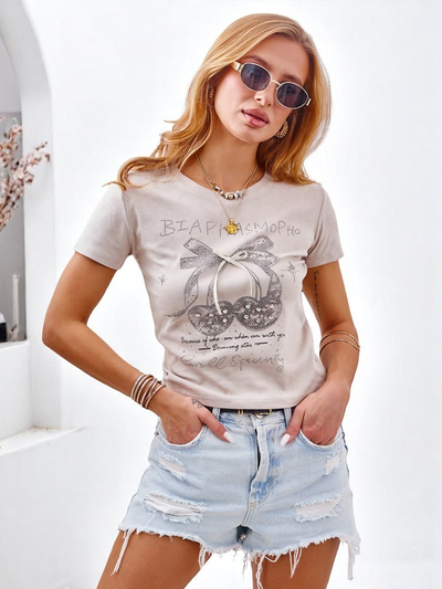 Royalfashion Tricou de damă din bumbac cu strasuri și fundiță