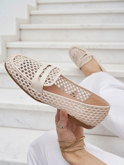 Mocasini bej Royalfashion Primavera Aelia din țesătură cu vârf migdalat