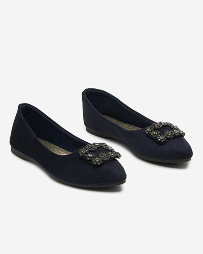Balerini de dama din piele intoarsa ecologica albastru bleumarin cu ornament Linselisa - Pantofi