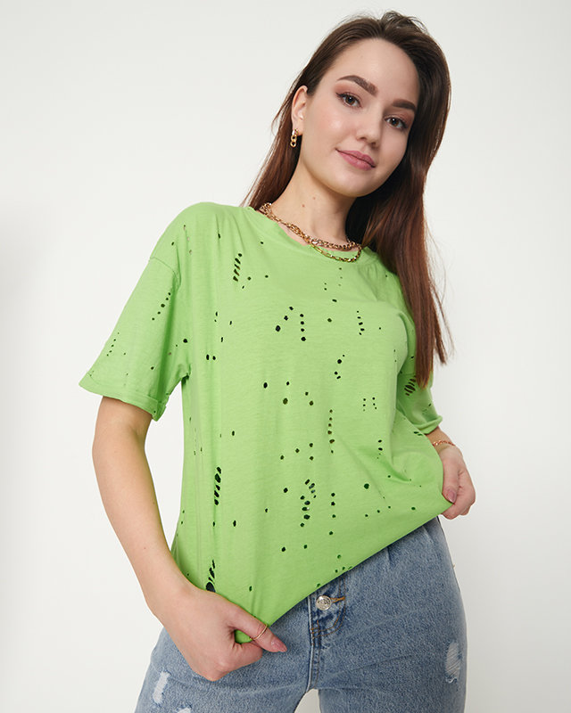 Tricou de damă din bumbac verde cu găuri decorative - Îmbrăcăminte