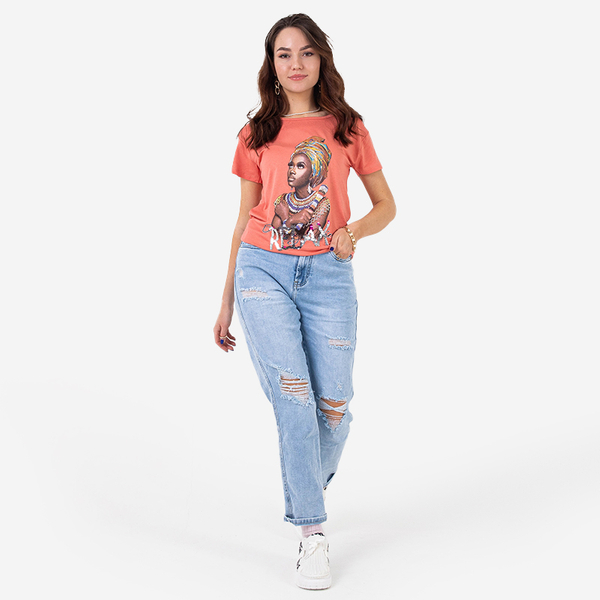 Tricou de dama portocaliu cu imprimeu colorat si paiete - Imbracaminte