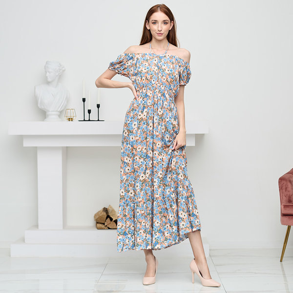 Rochie lungă de vară portocalie pentru femei cu flori albastre - Îmbrăcăminte