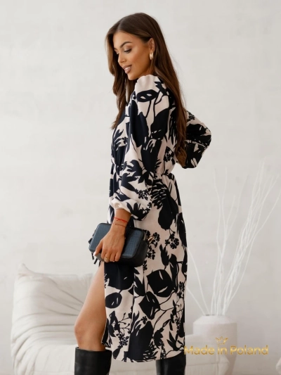Rochie Apollonia Midi Bej cu Mânecă Lungă și Model Floral