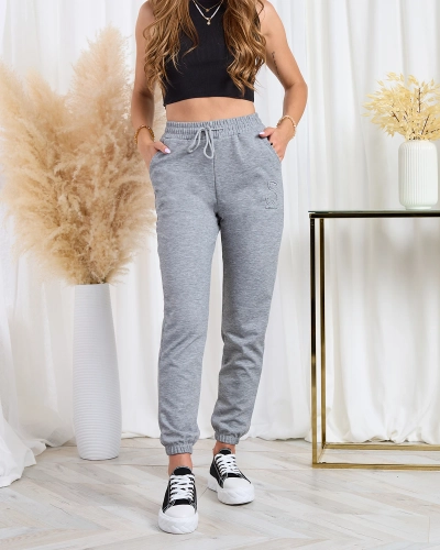 Royalfashion Pantaloni de trening din bumbac pentru femei gri cu ursuleț