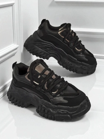 Aurelia Nero – Sneakers Chunky de Damă din Piele Ecologică Negru 6,5 cm