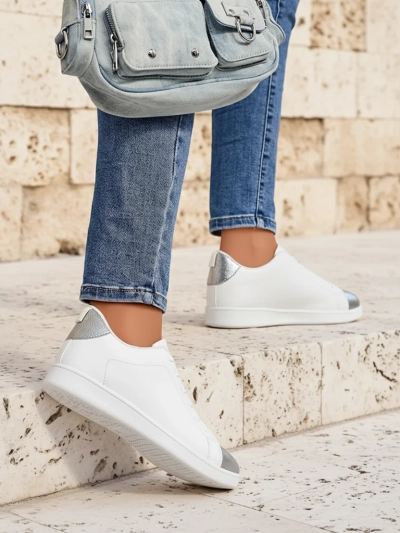 Sneakers de damă Royalfashion Calista argintiu-alb, eleganți, piele ecologică