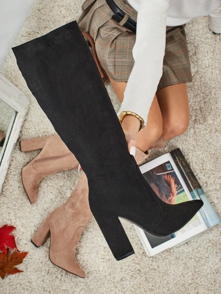 Cizme de damă din piele ecologică întoarsă cu toc gros Feravi